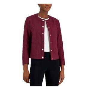 Classic Anne Klein Quilted Floral Embroidered Jacket Burgundy Long Sleeve Sz PL